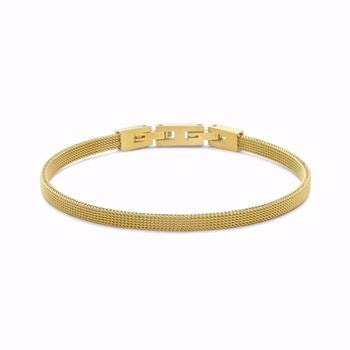Guld armbånd med mesh-design og fold-over lås i midten.