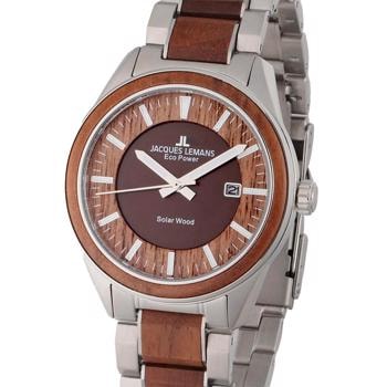 Jacques Lemans Wood Rustfri stål med træ lynette Batteridrevet quartz som lades op af lys herre ur, model 1-2116H