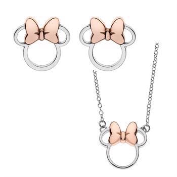Smykkesæt med Minnie Mouse silhuet, øreringe og halskæde i sølv, rosa sløjfe-design.