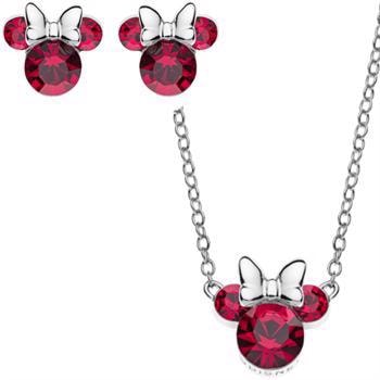Sølv smykkesæt med Minnie Mouse, røde sten, ørestikker og justerbar halskæde.