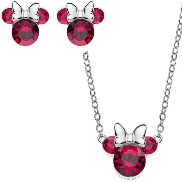 Sølv smykkesæt med Minnie Mouse, røde sten, ørestikker og justerbar halskæde.