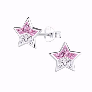 Stjerne ørestikker i sterling sølv med pink og hvide zirkonia og emalje fra Guld & Sølv Design