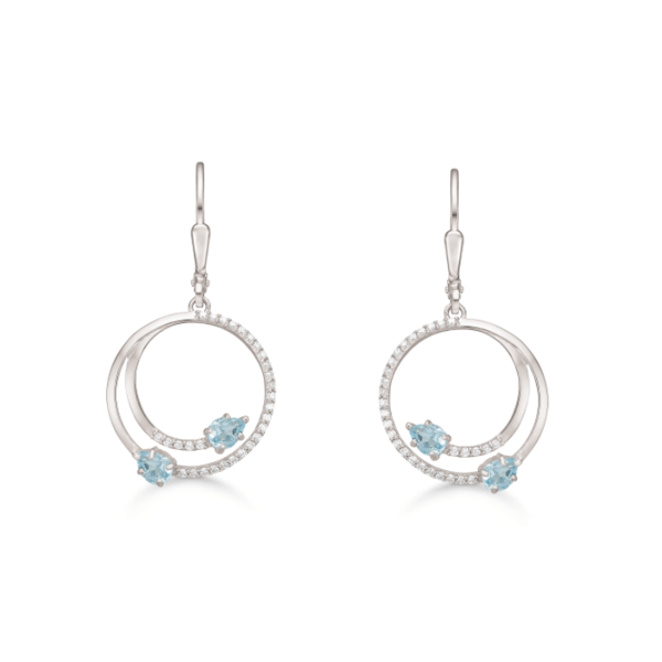 Elegante og iøjenfaldende ørehængere i sølv med znirkler, blå øjenformede topaz og glimtrende zirkonia fra Støvring Design