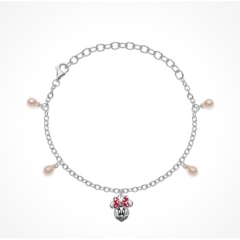 Disney armbånd i sølv med Minnie Mouse med ferskvandsperler. Justerbart til 17 cm
