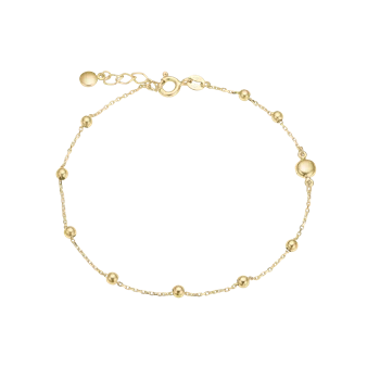 Tyndt guldarmbånd med små kugler og ringlås, 16+3 cm. Elegant og delikat design.
