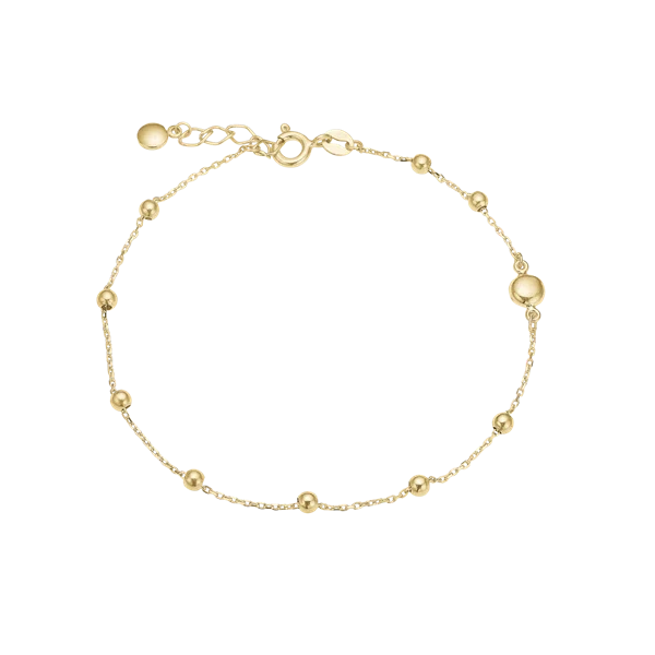 Tyndt guldarmbånd med små kugler og ringlås, 16+3 cm. Elegant og delikat design.