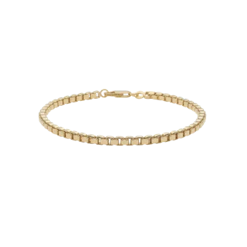 Armbånd med boks kæde og rektangulære led, 19 cm, forgyldt, elegant og ensartet design.
