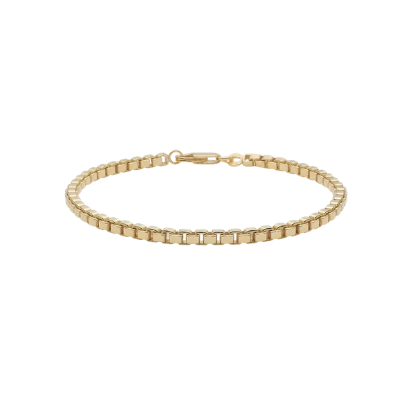 Armbånd med boks kæde og rektangulære led, 19 cm, forgyldt, elegant og ensartet design.