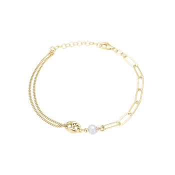 Elegant armbånd med flere kæder og en centralt placeret perle i forgyldt sølv.
