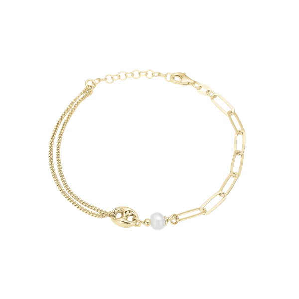 Elegant armbånd med flere kæder og en centralt placeret perle i forgyldt sølv.