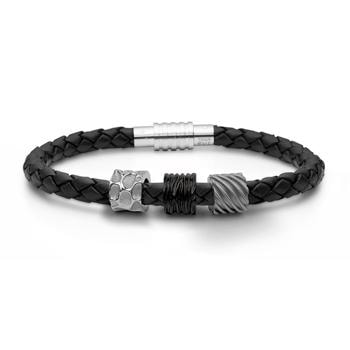 Sort læderarmbånd inkl. 3 charms, 19 cm
