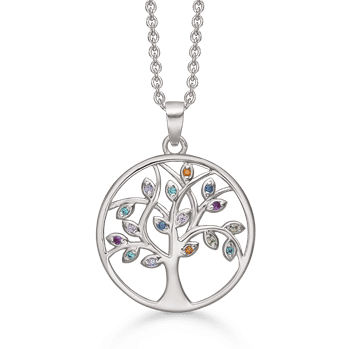Flot sølv halskæde, livets træ i cirkel med zirconia i forskellige farver. Sølv kæde 42+3 cm medfølger fra Støvring Design