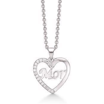 Søde rhodineret sølv halskæde med et hjerte med "Mor" inden i, samt syntetiske cubic zirconia i den venstre side af kant. Kæden er rhodineret sølv i længde 42-45 cm. fra Støvring Design