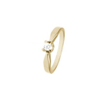 Elegant 8k guld ring med klar, rund sten i prong fatning. Glat, ensfarvet guldbånd.