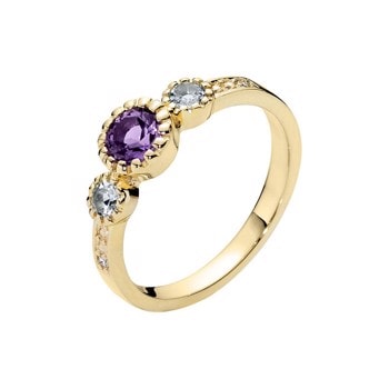 Lund Copenhagen, 8 karat guld, fingerring med diamanter, topaz og ametyst
