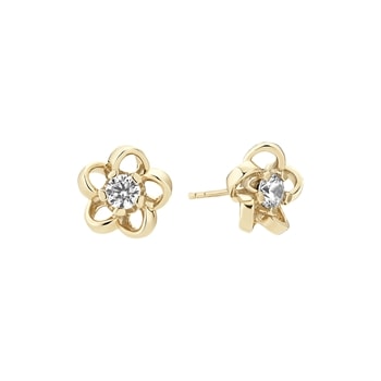 Øreringe i blomsterform med fem kronblade og klar zirkoniasten i midten, stud design.
