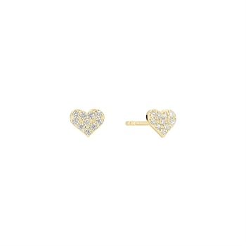 Hjerteformede øreringe med klare zirkonia-sten og stud-design i 8 karat guld.