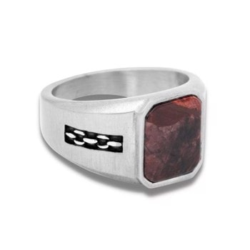 Signet ring i stål, med sten og mønster.