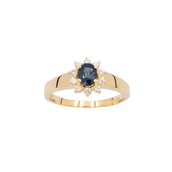14 karat guldring med safir og brillianter