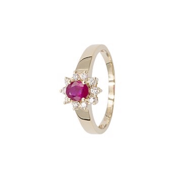 14 kt guld Rosette Fingerring med rød rubin og diamanter fra L & G