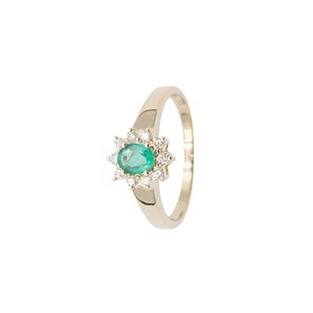 Blank 14 kt guld Rosette Fingerring med grøn smaragd og diamanter fra LogG