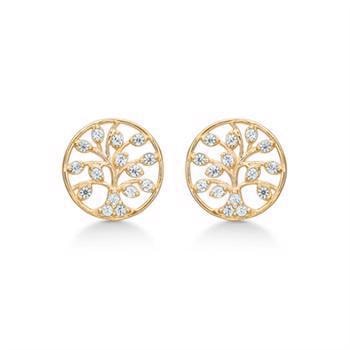 Støvring Design's smukke 8 karat guld ørestikker, Livets træ med smukke blade af glitrende zirkonia, 8 mm i diameter