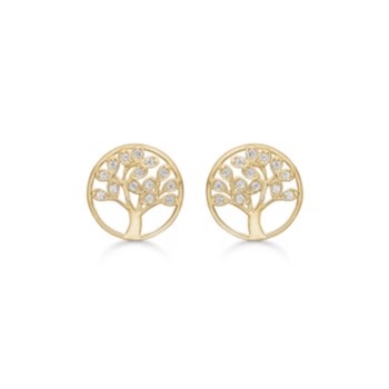 Elegante 10 mm ørestikker i 8 karat guld. Cirkel med Liveste Træ med glitrende zirkonia. fra Støvring Design