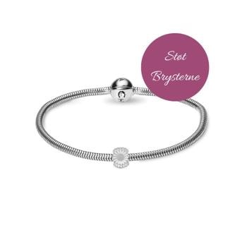 Støt Brysterne Kampagne, 4 mm sølv armbånd med sølv charm, marguerit med hvid emalje