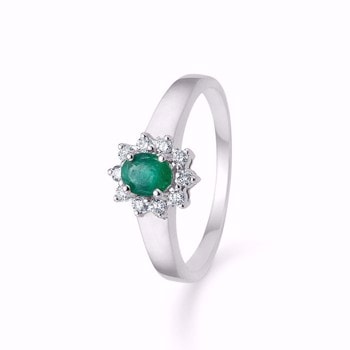 Fingerring i 14 karat hvidguld med grøn smaragd og hvide brillianter