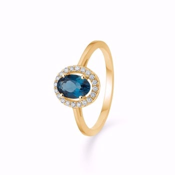 Fingerring i 14 karat guld med London blue Topaz og hvide brillianter