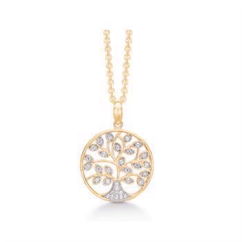 Støvring Design's smukke 8 karat guld vedhæng, , 17 mm cirkel med livets træ fuld besat af glitrende zirkonia, leveres med forgyldt kæde 42+3 cm