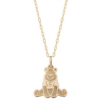 Disney Peter Plys vedhæng i 9 karat guld. Leveres med forgyldt kæde 35-40 cm