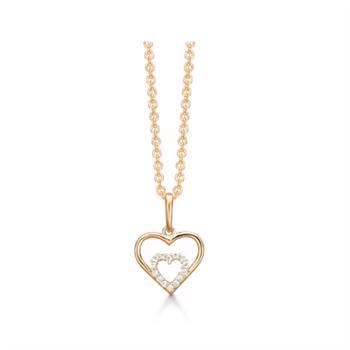 Støvring Design's smukke 14 karat guld vedhæng, hjerte med mindre hjerte inden i, det mindste er fuld besat af glitrende zirkonia, leveres med forgyldt kæde 42+3 cm