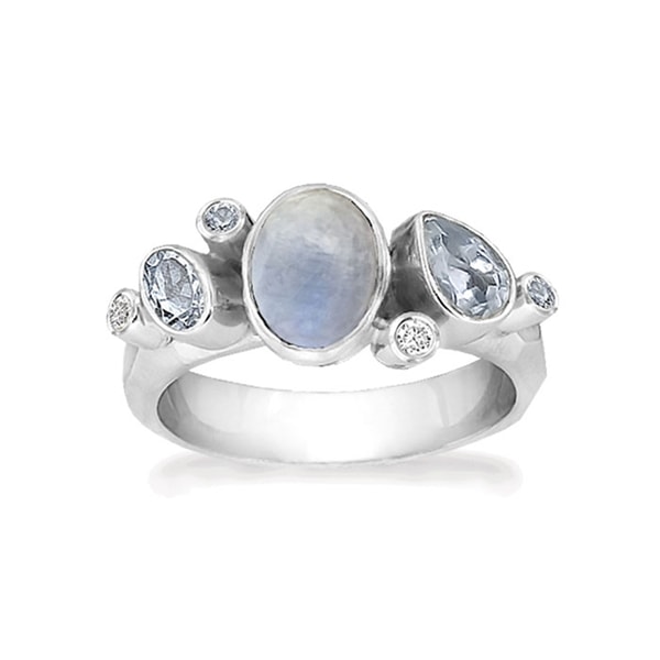 Rabinovich Blue Moon sterling sølv fingerring med Rainbow månesten, sky blue topas og zirkonia