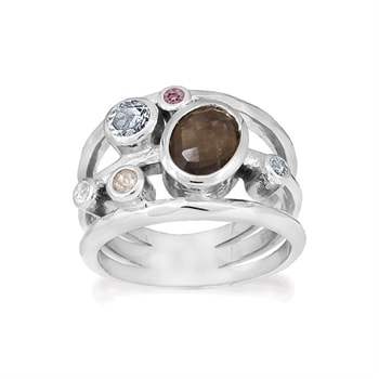 Rabinovich Glam  sterling sølv fingerring med Røgkvarts, Sky Blue Topas,rosenkvarts, turmalin og topas