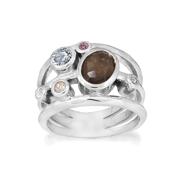 Rabinovich Glam  sterling sølv fingerring med Røgkvarts, Sky Blue Topas,rosenkvarts, turmalin og topas
