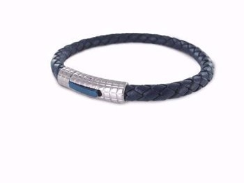 Frank blåt læder armbånd med blank stållås, model 7FB-0007