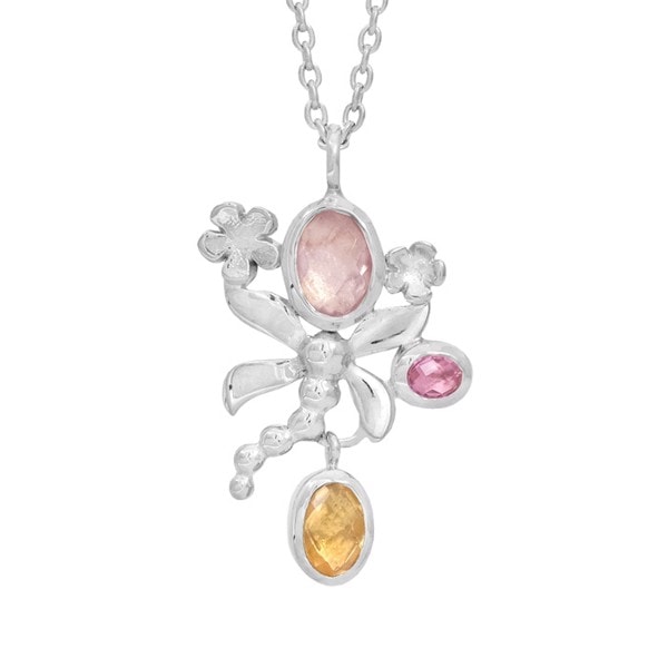 Dragonfly - Sølv collier med rosenkvarts, citrin & pink topas - Rabinovich