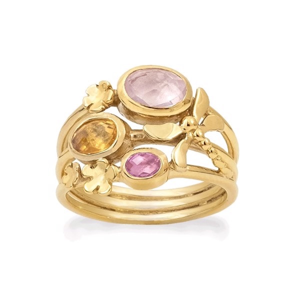 Dragonfly - Forgyldt ring med rosenkvarts, citrin & pink topas - Rabinovich