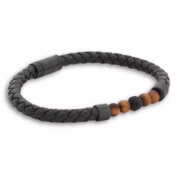 Moderne vintage armbånd i sort ægte læder med brune perler