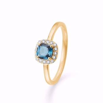 Fingerring i 14 karat guld med smuk London Blue Topas og funklende brillianter