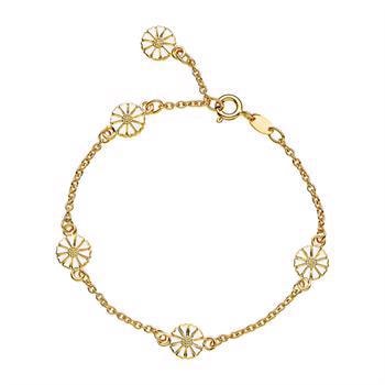 Armbånd i forgyldt sølv med hvide emaljeblomster, 7,5 mm, elegant og delikat design.