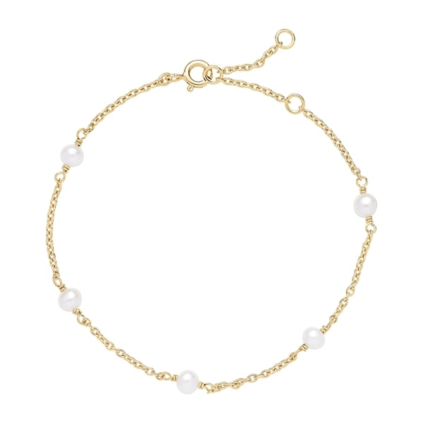 Armbånd med fem ferskvandsperler på guldfarvet kæde, justerbar lukning.