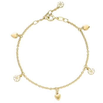 Armbånd i forgyldt sølv med tre hjerteformede og tre blomsterformede vedhæng samt låsemekanisme.
