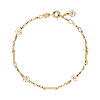 Smukt forgyldt armbånd med 4 x 5 mm margueritter med små stave mellem. Alle margueritter med hvid emalje fra Lund Copenhagen