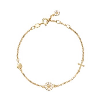 Smukt forgyldt armbånd med symboler for Tro, Håb og Kærlighed. Armbåndet er 24 karat forgyldt sølv og med hvid emalje på margueritten fra Lund Copenhagen
