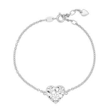 Armbånd i 925 sterling sølv med hjerteformet blomsterdesign og justerbar kæde med lås.