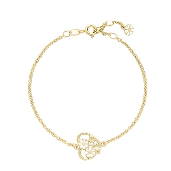 Elegant armbånd med hjertecharm og blomstermotiv. Fin kæde med rund charm ved låsen.