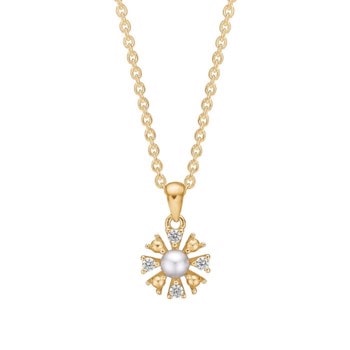 Lund Copenhagen, blomsterformet collier med grå ferskvandsperle og zirkonia i forgyldt sterling sølv
