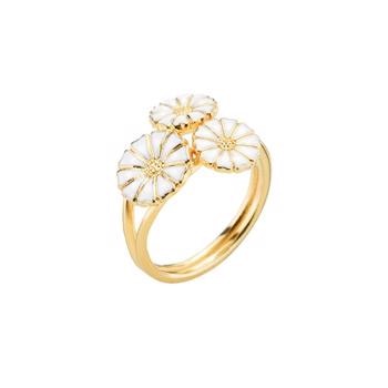 Lund 3 blomst Marguerit 2x7,5 mm og 1x9 mm fingerring i forgyldt sølv m/ hvid emalje